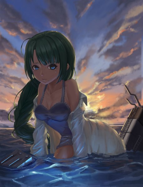 Anime picture 1561x2041 with kantai collection yuugumo destroyer kira3430 single long hair tall image looking at viewer blue eyes bare shoulders sky cloud (clouds) braid (braids) green hair open clothes girl water nightie labcoat