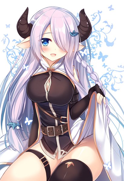Anime picture 1447x2114 with granblue fantasy narmaya (granblue fantasy) tomoo (tomo) single long hair tall image looking at viewer blush fringe breasts open mouth blue eyes light erotic large breasts white background sitting holding pink hair braid (braids) horn (horns)