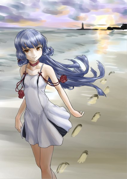 Anime picture 1032x1457 with kantai collection murakumo destroyer sun (artist) single long hair tall image looking at viewer fringe smile bare shoulders brown eyes blue hair sky from above wind alternate costume beach evening sunset landscape