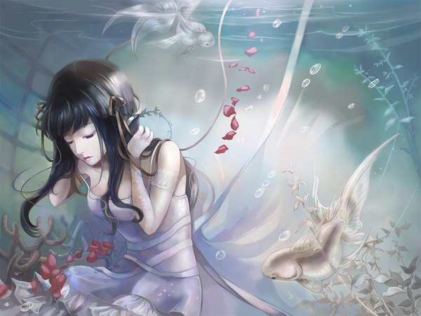 Anime picture 1333x1000 with original tagme (artist) single long hair breasts black hair eyes closed lips underwater girl ribbon (ribbons) plant (plants) hair ribbon petals water bubble (bubbles) fish (fishes) coral