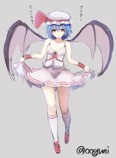 Anime picture 800x1085 with touhou remilia scarlet wowoguni single tall image looking at viewer blush short hair simple background signed pink eyes grey background text bat wings sketch adapted costume question girl skirt wings