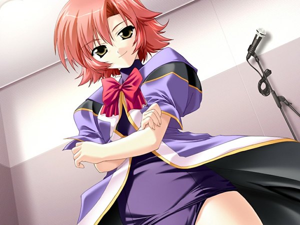 Anime picture 1024x768 with akihabara otaku school (game) short hair brown eyes game cg red hair girl microphone