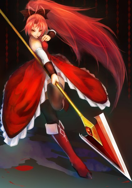 Anime picture 1240x1754 with mahou shoujo madoka magica shaft (studio) sakura kyouko yaoya musuko tall image red eyes ponytail red hair girl thighhighs weapon black thighhighs detached sleeves boots sweets pocky polearm
