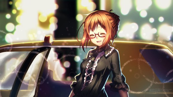 Anime picture 1244x698 with human reignition project yukino (human reignition project) rosuuri single short hair open mouth smile brown hair wide image standing signed payot game cg upper body outdoors eyes closed :d hair bun (hair buns) lens flare happy