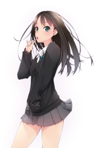 Anime picture 1000x1500 with idolmaster idolmaster cinderella girls shibuya rin murakami suigun single long hair tall image looking at viewer blush simple background brown hair white background green eyes pleated skirt hand in pocket girl skirt uniform school uniform miniskirt