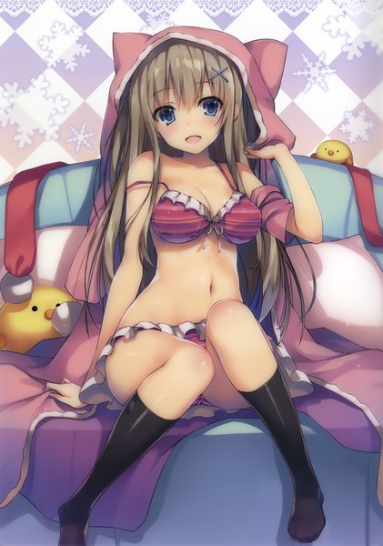 Anime picture 1688x2405 with original tomose shunsaku single long hair tall image looking at viewer open mouth blue eyes light erotic smile brown hair sitting :d arm up no shoes strap slip rhombus girl swimsuit bikini