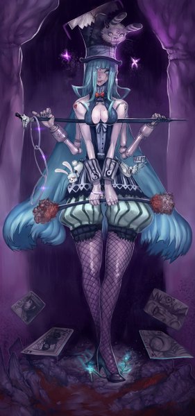 Anime picture 600x1280 with original elsevilla long hair tall image open mouth standing bare shoulders blue hair inscription girl plant (plants) hat animal pantyhose bird (birds) bunny card (cards) hands fishnet pantyhose top hat
