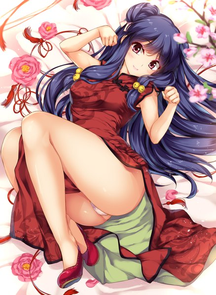 Anime picture 1022x1400 with ranma 1/2 shampoo (ranma 1/2) moneti (daifuku) single long hair tall image looking at viewer fringe light erotic blue hair full body bent knee (knees) lying traditional clothes pink eyes on back hair bun (hair buns) sleeveless cherry blossoms chinese clothes