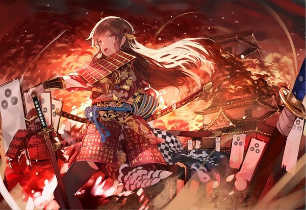 Anime picture 835x572 with original ran (pixiv2957827) fringe open mouth brown hair holding looking away looking back screaming samurai triple wielding girl thighhighs boy weapon black thighhighs sword armor katana sheath