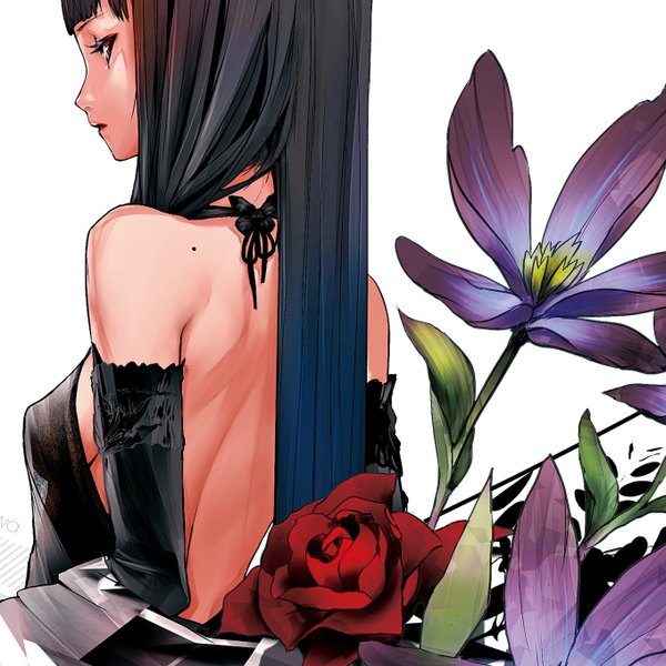 Anime picture 1360x1360 with original redjuice single long hair looking at viewer fringe black hair red eyes white background bare shoulders looking back from behind mole lipstick back eyeshadow red lipstick makeup girl dress