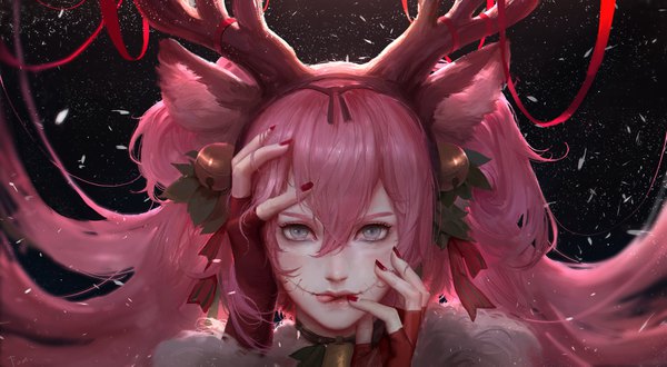 Anime picture 3712x2046 with original fom (lifotai) single long hair looking at viewer fringe highres hair between eyes wide image animal ears pink hair absurdres nail polish horn (horns) fingernails grey eyes lipstick portrait fake animal ears face