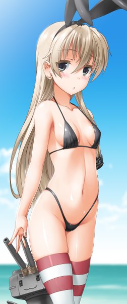 Anime picture 1024x2433 with kantai collection shimakaze destroyer rensouhou-chan byeontae jagga long hair tall image looking at viewer blush breasts light erotic blonde hair bare shoulders sky bare belly grey eyes horizon :3 girl thighhighs navel