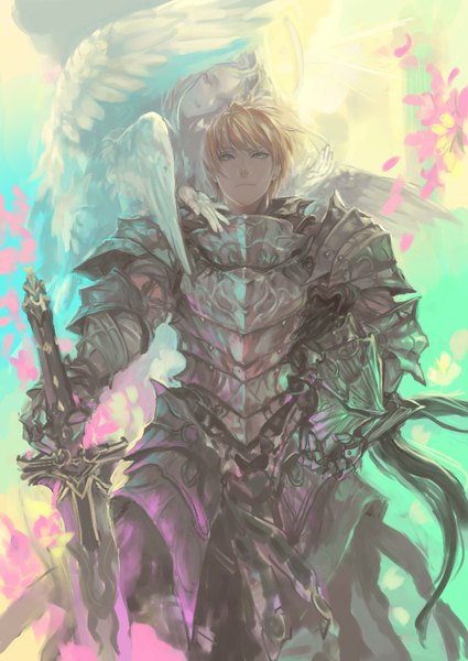 Anime picture 722x1019 with kuroba k tall image looking at viewer fringe short hair blonde hair standing white hair eyes closed pale skin angel wings white wings angel knight boy gloves flower (flowers) weapon petals sword