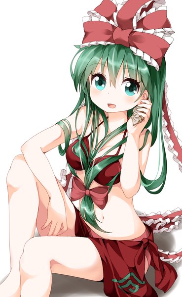 Anime picture 615x1000 with touhou kagiyama hina ruu (tksymkw) single long hair tall image looking at viewer blush open mouth simple background white background sitting aqua eyes green hair from above adapted costume girl navel bow ribbon (ribbons)