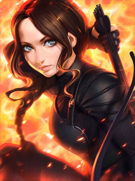 Anime picture 1080x1451 with the hunger games katniss everdeen ilya kuvshinov single long hair tall image looking at viewer blush brown hair green eyes braid (braids) lips blurry realistic wavy hair arm behind back girl gloves weapon armor