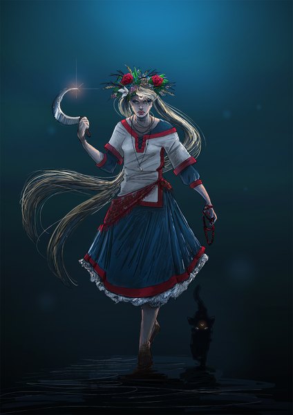 Anime picture 1240x1754 with bishoujo senshi sailor moon toei animation tsukino usagi sailor moon luna (sailor moon) odrobinka tall image blue eyes simple background blonde hair twintails holding very long hair barefoot alternate costume dark background walking frown dirty girl