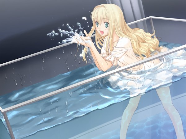 Anime picture 1024x768 with france shoujo shoujo tony taka long hair open mouth blonde hair green eyes game cg loli girl water