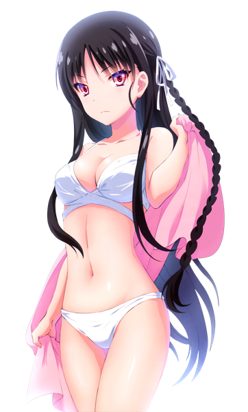 Anime picture 3447x5701 with youkoso jitsuryoku shijou shugi no kyoushitsu e horikita suzune single long hair tall image looking at viewer highres light erotic black hair red eyes twintails holding absurdres braid (braids) side braid transparent background rendered girl ribbon (ribbons) swimsuit