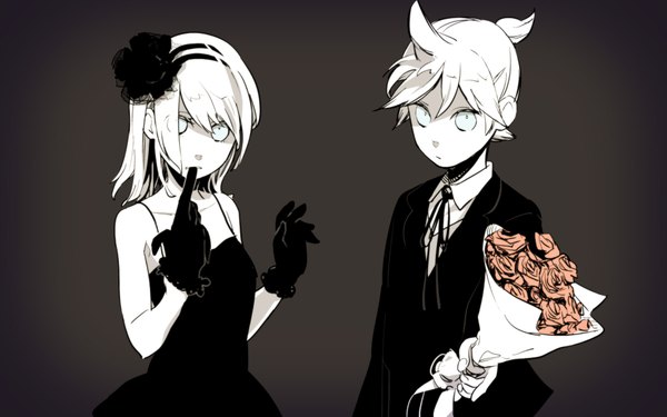 Anime picture 1920x1200 with vocaloid kagamine rin kagamine len nirok highres short hair wide image monochrome formal girl dress flower (flowers) rose (roses) suit