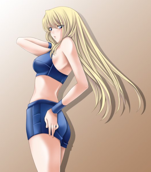 Anime picture 1400x1600 with metroid samus aran tamamon single long hair tall image blue eyes simple background blonde hair hand on hip girl shorts