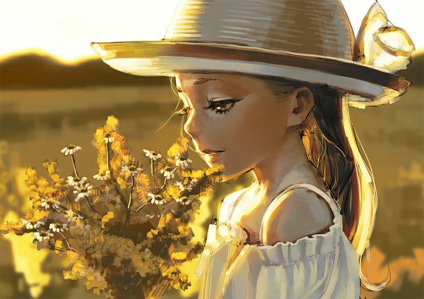Anime picture 1000x707 with original aro (charged time out) single long hair open mouth brown hair bare shoulders brown eyes ponytail face field girl flower (flowers) hat headdress bouquet chamomile