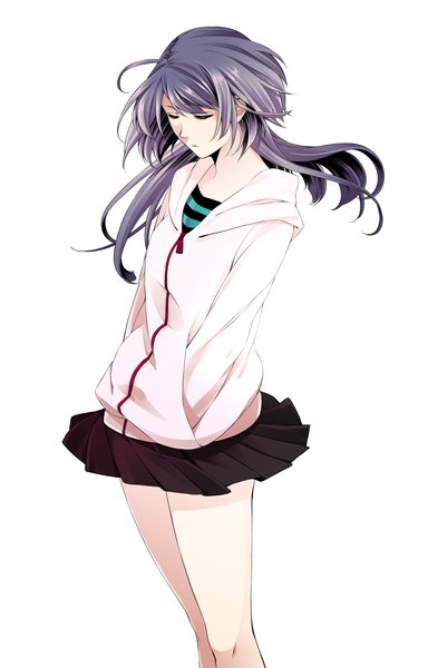 Anime picture 1600x2500 with original seia single long hair tall image fringe simple background white background purple hair eyes closed legs hands in pockets sad girl jacket