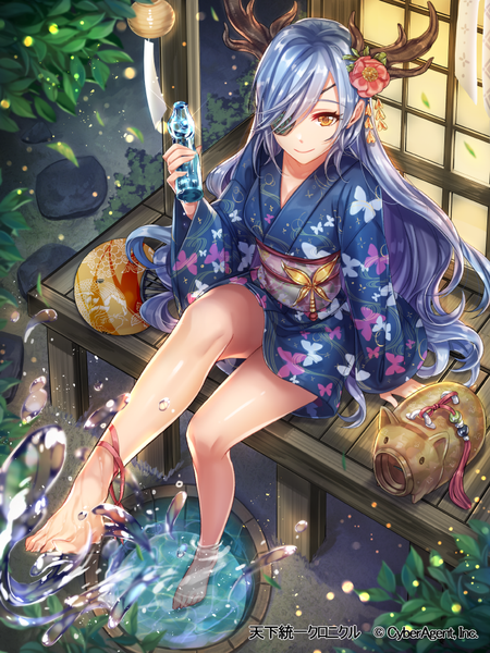 Anime picture 700x933 with original interitio single long hair tall image looking at viewer smile sitting holding purple hair bent knee (knees) long sleeves barefoot hair flower horn (horns) night wide sleeves orange eyes partially submerged leg lift (legs lift)
