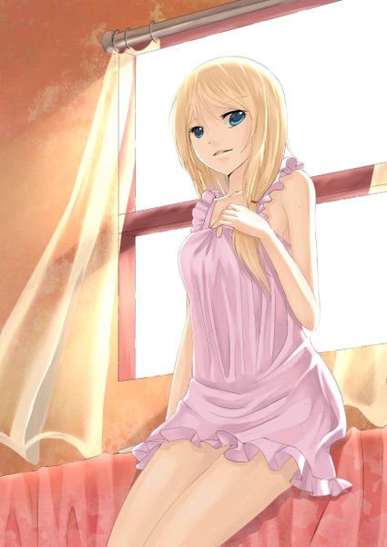 Anime picture 1741x2458 with touhou kirisame marisa aer (tengqiu) single long hair tall image looking at viewer fringe highres blue eyes blonde hair smile bare shoulders sunlight bare legs girl window curtains nightie