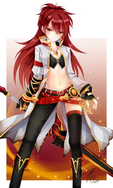 Anime picture 900x1500 with elsword elesis (elsword) blazing heart (elsword) meow single long hair tall image looking at viewer red eyes signed ponytail red hair midriff girl thighhighs gloves navel weapon sword belt