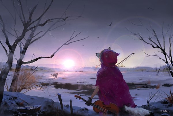 Anime picture 1500x1005 with little red riding hood little red riding hood (character) big bad wolf mad jojo single standing holding sky from behind lens flare back snowing winter snow horizon flying bare tree running field morning