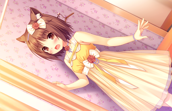 Anime picture 1580x1020 with neko paradise neko works (studio) azuki (sayori) sayori single looking at viewer blush fringe short hair breasts open mouth brown hair standing brown eyes animal ears game cg indoors cat ears dutch angle sleeveless