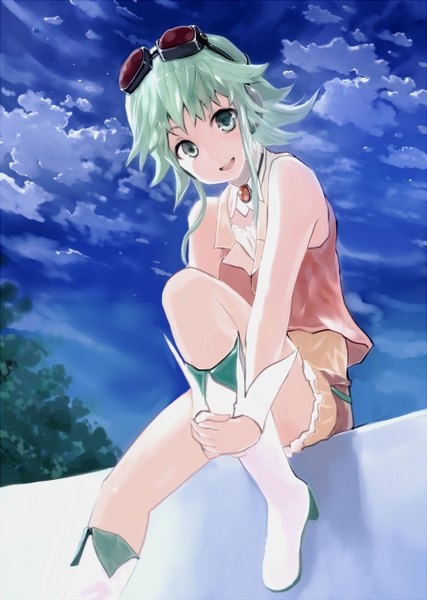 Anime picture 912x1280 with vocaloid gumi bob (biyonbiyon) single tall image looking at viewer short hair open mouth smile sitting green eyes sky cloud (clouds) green hair goggles on head leg hold girl dress boots headphones