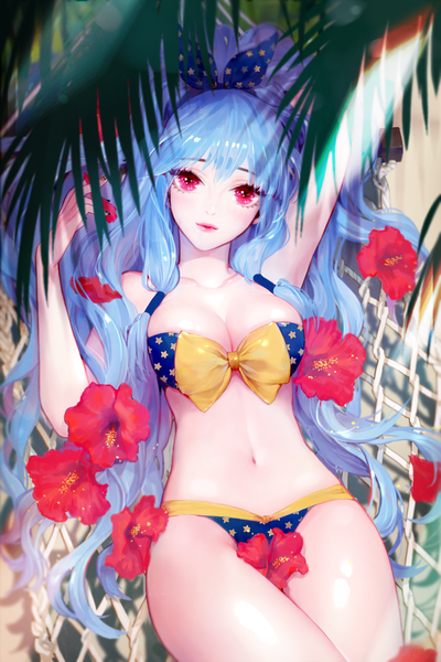 Anime picture 1000x1500 with sword girls heather37 single long hair tall image looking at viewer blush fringe breasts light erotic red eyes large breasts blue hair ponytail lying from above wavy hair arm behind head star print girl