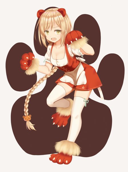 Anime picture 2480x3313 with original nicetea single tall image looking at viewer fringe highres open mouth simple background blonde hair standing animal ears yellow eyes cleavage full body bent knee (knees) braid (braids) very long hair single braid standing on one leg