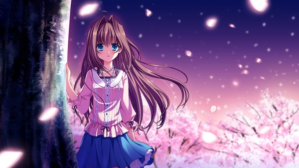 Anime picture 1024x576 with da capo ii dearest marriage asakura otome kayura yuka single long hair looking at viewer blush fringe open mouth blue eyes smile brown hair wide image standing game cg girl skirt plant (plants) tree (trees)
