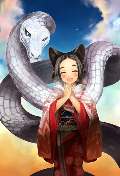 Anime picture 1370x2000 with original yunar single tall image blush short hair open mouth smile brown hair standing animal ears sky cloud (clouds) eyes closed traditional clothes japanese clothes cat ears cat girl floral print exhalation