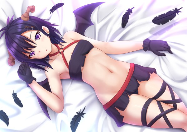 Anime picture 1920x1357 with gabriel dropout doga kobo tsukinose vignette april kazenokaze single looking at viewer blush fringe highres short hair breasts light erotic hair between eyes purple eyes purple hair lying horn (horns) from above :o armpit (armpits)