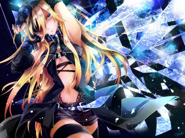 Anime picture 2000x1500 with vocaloid lily (vocaloid) tyouya single long hair looking at viewer blush fringe highres breasts blue eyes blonde hair nail polish fingernails hair over one eye sparkle girl gloves elbow gloves jacket