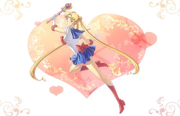 Anime picture 1400x900 with bishoujo senshi sailor moon toei animation tsukino usagi sailor moon kaminary single long hair blue eyes blonde hair smile white background signed very long hair looking back hair bun (hair buns) girl gloves bow weapon earrings