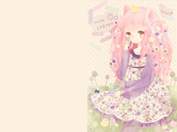 Anime picture 1539x1152 with original ana0v0 single long hair blush simple background sitting holding brown eyes animal ears looking away pink hair hair flower light smile polka dot nature polka dot background easter girl dress