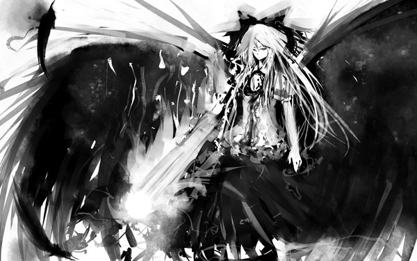 Anime picture 1920x1200 with touhou reiuji utsuho single long hair highres wide image black background monochrome girl bow weapon hair bow wings