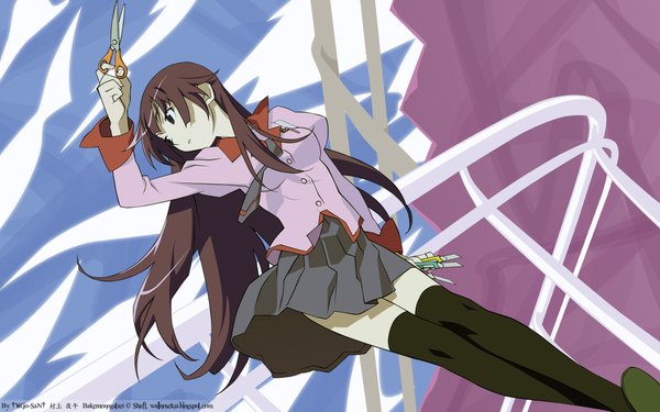 Anime picture 1920x1200 with bakemonogatari shaft (studio) monogatari (series) senjougahara hitagi highres wide image signed watermark