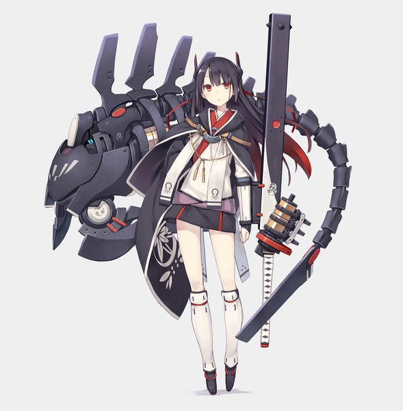 Anime picture 1500x1528 with original poco (asahi age) single long hair tall image blush fringe black hair simple background red eyes full body grey background gradient hair girl skirt cape machinery
