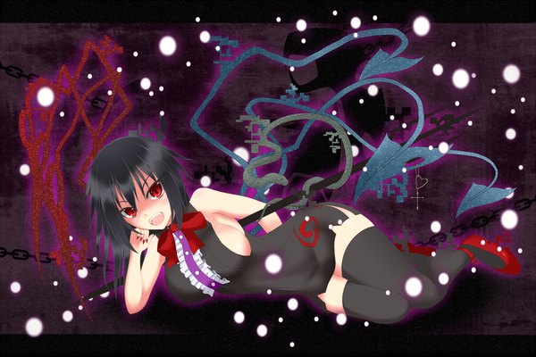 Anime picture 2250x1500 with touhou houjuu nue gmot single highres short hair breasts open mouth light erotic black hair smile red eyes large breasts bare shoulders nail polish sleeveless sideboob on side girl thighhighs