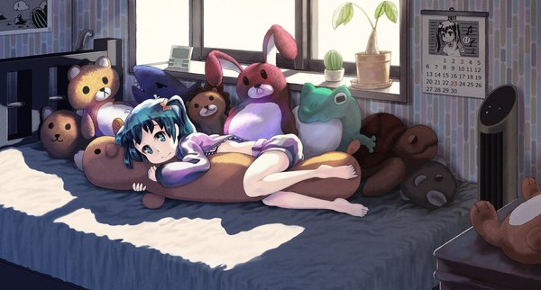 Anime picture 2209x1189 with original tagme (artist) single highres short hair wide image twintails lying barefoot loli short twintails girl window bed star (stars) toy stuffed animal cactus