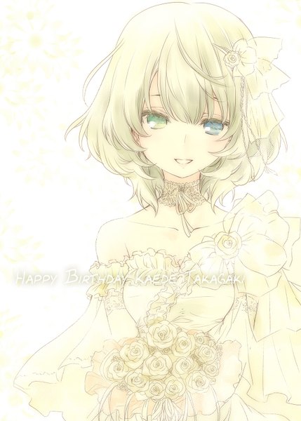 Anime picture 1144x1600 with idolmaster idolmaster cinderella girls takagaki kaede fujieda miyabi single tall image looking at viewer blush short hair blue eyes green eyes green hair light smile inscription character names heterochromia happy birthday girl dress hair ornament