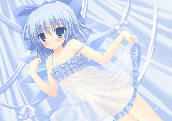 Anime picture 1838x1301 with touhou cirno shimotsuki keisuke single blush highres short hair blue eyes light erotic blue hair lolicon girl bow hair bow wings sundress