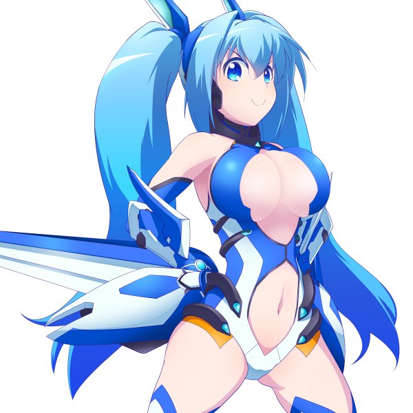 Anime picture 1200x1200 with ore twintail ni narimasu production ims tail blue twoearle drias single long hair looking at viewer fringe breasts blue eyes light erotic simple background smile large breasts standing white background twintails bare shoulders payot