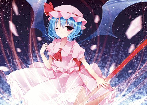 Anime picture 2097x1491 with touhou remilia scarlet yuzuki (blossom) single highres short hair red eyes blue hair one eye closed wink girl dress wings bonnet ascot spear the gungnir