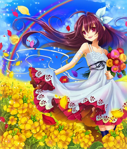 Anime picture 868x1023 with original okuma mai single long hair tall image open mouth purple eyes looking away purple hair girl dress flower (flowers) bow ribbon (ribbons) hair bow petals bouquet rainbow